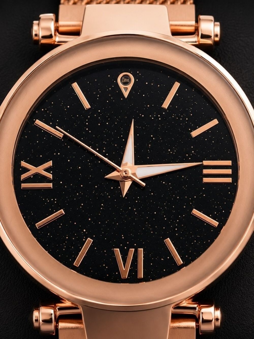 Women's Rose Gold Watch Black Dial Mesh Strap - Picture 4 of 6